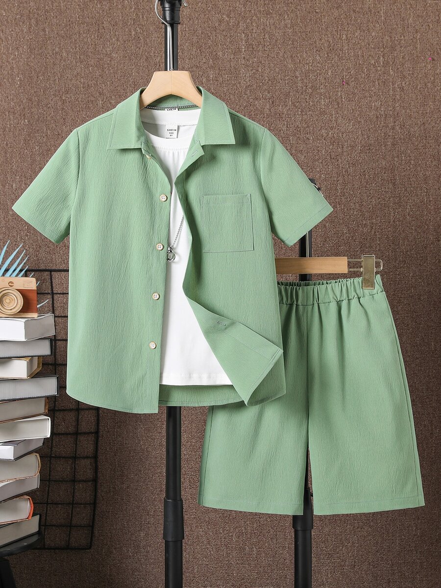 Boys Pocket Patched Shirt & Shorts With Tee - Multicolor - View 1