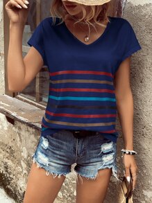 SHEIN LUNE Striped Print Batwing Sleeve Tee - Navy Blue - View 4