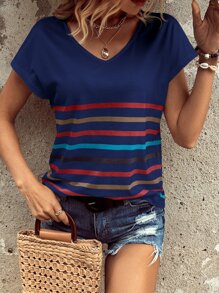 SHEIN LUNE Striped Print Batwing Sleeve Tee - Navy Blue - View 5