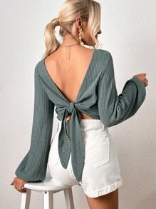 SHEIN Frenchy Solid Lantern Sleeve Tee - Green - View 2