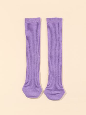 1雙女孩素色羅紋休閒高筒襪