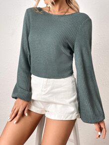 SHEIN Frenchy Solid Lantern Sleeve Tee - Green - View 3