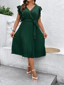 SHEIN Clasi Vestido con Volantes, Ruedo Plisado y Cinturón para Mujer Tallas Grandes - Verde Oscuro - Ver 1