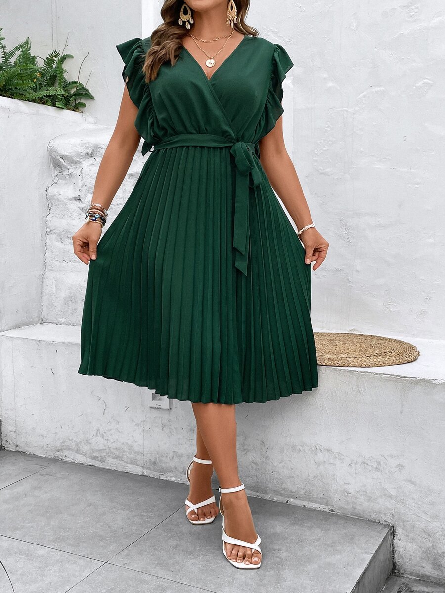 SHEIN Clasi Vestido con Volantes, Ruedo Plisado y Cinturón para Mujer Tallas Grandes - Verde Oscuro - Ver 1
