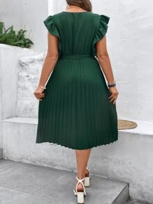 SHEIN Clasi Vestido con Volantes, Ruedo Plisado y Cinturón para Mujer Tallas Grandes - Verde Oscuro - Ver 2