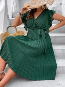 SHEIN Clasi Vestido con Volantes, Ruedo Plisado y Cinturón para Mujer Tallas Grandes - Verde Oscuro - Ver 3
