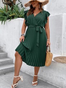 SHEIN Clasi Vestido con Volantes, Ruedo Plisado y Cinturón para Mujer Tallas Grandes - Verde Oscuro - Ver 4
