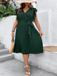 SHEIN Clasi Vestido con Volantes, Ruedo Plisado y Cinturón para Mujer Tallas Grandes - Verde Oscuro - Ver 5