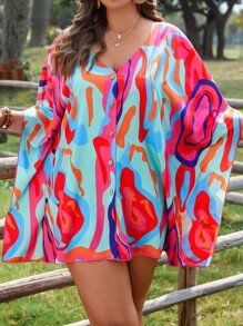 SHEIN Clasi Áo sơ mi Plus Size Nút phía trước Tất cả trên in Giải trí - Nhiều màu - Xem 1