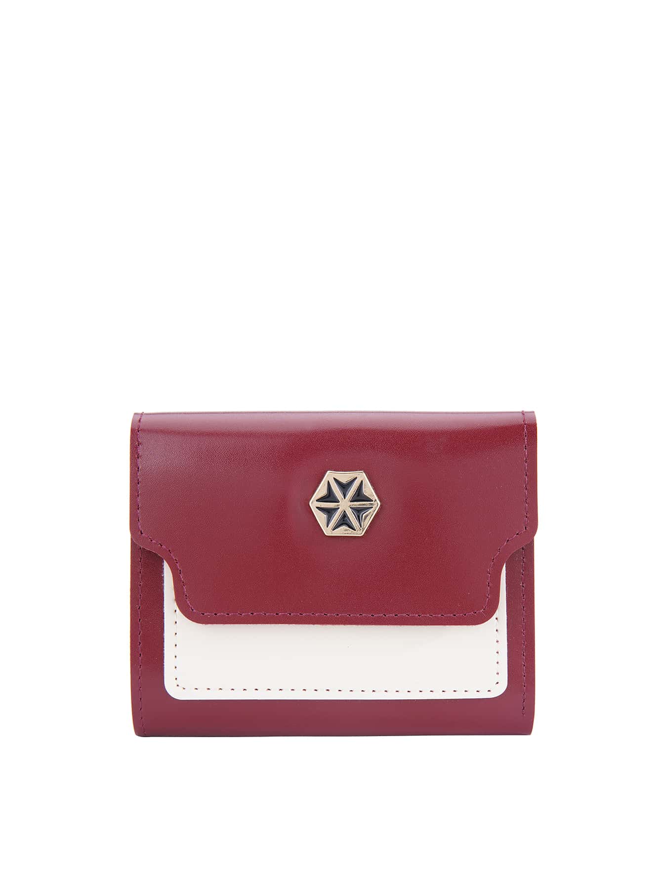 Two Tone Small Wallet PU Metal Decor Tri-Fold - Burgundy - View 1