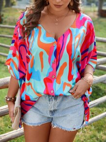 SHEIN Clasi Áo sơ mi Plus Size Nút phía trước Tất cả trên in Giải trí - Nhiều màu - Xem 6
