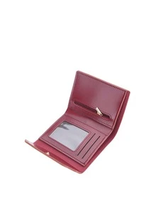 Two Tone Small Wallet PU Metal Decor Tri-Fold - Burgundy - View 2
