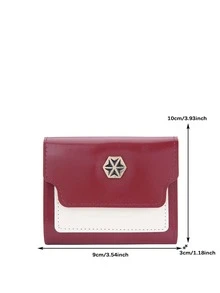 Two Tone Small Wallet PU Metal Decor Tri-Fold - Burgundy - View 3