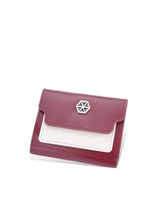 Two Tone Small Wallet PU Metal Decor Tri-Fold - Burgundy - View 4