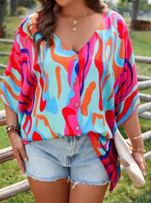 SHEIN Clasi Áo sơ mi Plus Size Nút phía trước Tất cả trên in Giải trí - Nhiều màu - Xem 7
