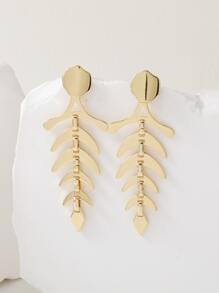 Fish Bone Drop Earrings - Yellow Gold - View 1
