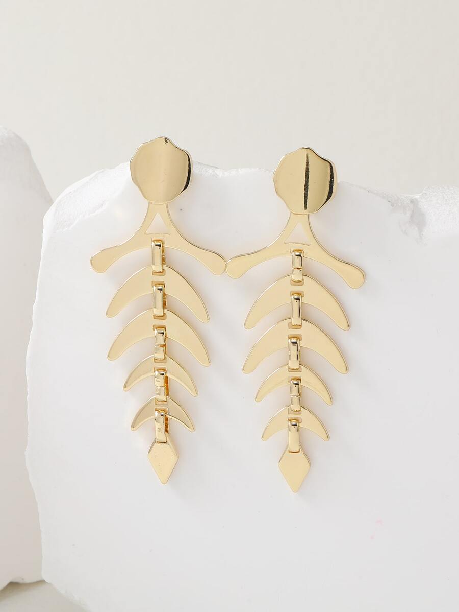 Fish Bone Drop Earrings - Yellow Gold - View 1