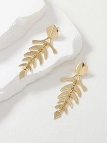 Fish Bone Drop Earrings - Yellow Gold - View 2