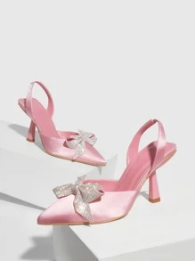 Zapatos de salón destalonados de satén con diamante de imitación & con diseño de lazo - Rosa - Ver 4