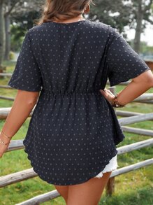 SHEIN LUNE Plus Swiss Dot Surplice Neck Peplum Blouse - Navy Blue - View 2