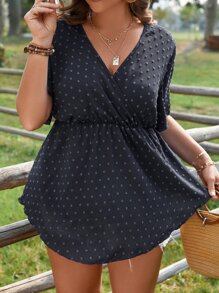 SHEIN LUNE Plus Swiss Dot Surplice Neck Peplum Blouse - Navy Blue - View 3