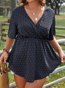 SHEIN LUNE Plus Swiss Dot Surplice Neck Peplum Blouse - Navy Blue - View 6