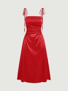 SHEIN MOD Solid Tie Shoulder Cami Dress - Red - View 1