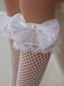 1 đôi Vớ lưới cá trang trí nơ thời trang cho bé gái tập đi - trắng - Xem 4