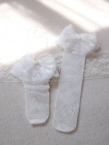1 đôi Vớ lưới cá trang trí nơ thời trang cho bé gái tập đi - trắng - Xem 5