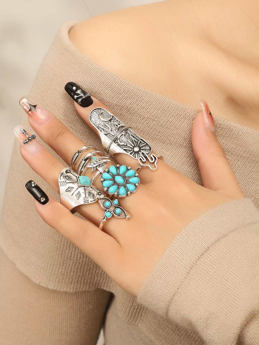 9 件复古精致戒指套装，简约实用，多功能 - 復古銀色 - 查看 1