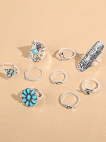 9 件复古精致戒指套装，简约实用，多功能 - 復古銀色 - 查看 5