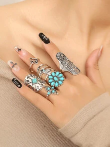 9 件复古精致戒指套装，简约实用，多功能 - 復古銀色 - 查看 3