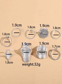 9 件复古精致戒指套装，简约实用，多功能 - 復古銀色 - 查看 4