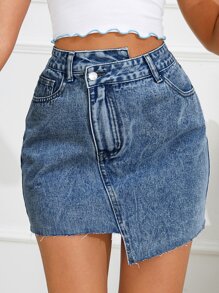 SHEIN Frenchy 不對稱領不對稱毛邊牛仔半身裙 - 中等水洗藍 - 查看 1