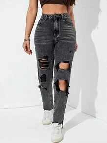 High Waist Ripped Mom Fit Jeans - Dark Grey - View 1