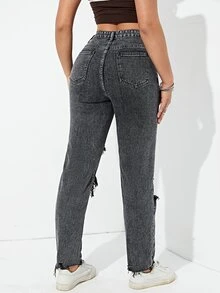 High Waist Ripped Mom Fit Jeans - Dark Grey - View 2