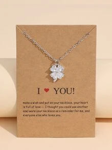 Rhinestone Four Leaf Clover Charm Necklace - Silver - View 1