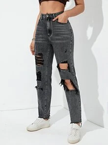 High Waist Ripped Mom Fit Jeans - Dark Grey - View 3