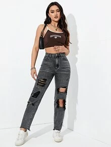 High Waist Ripped Mom Fit Jeans - Dark Grey - View 5