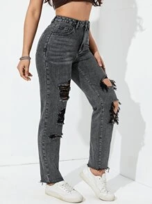High Waist Ripped Mom Fit Jeans - Dark Grey - View 6