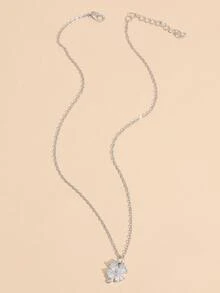 Rhinestone Four Leaf Clover Charm Necklace - Silver - View 3