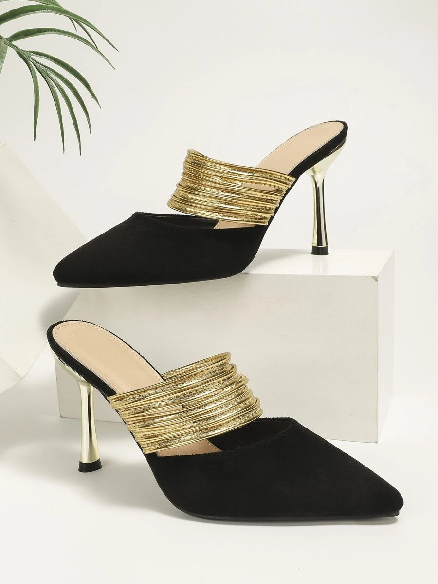 女士尖頭高跟時尚仿麂皮帶跟穆勒鞋