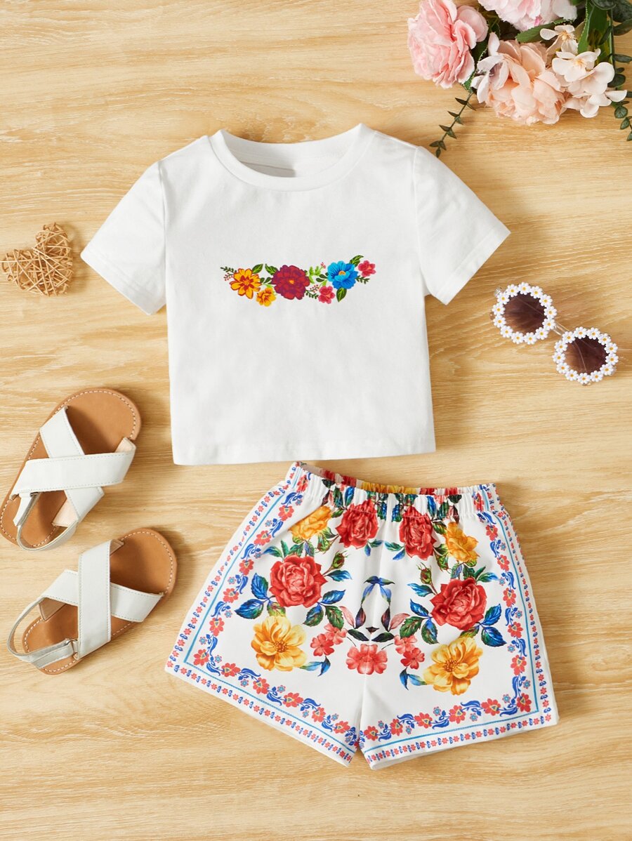 SHEIN Baby Girl Floral Print Tee & Shorts - Multicolor - View 1
