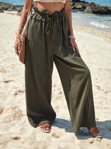 SHEIN VCAY Quần nữ Dây kéo Xù Quần paper-bag màu trơn Giải trí - xanh quân đội - Xem 7