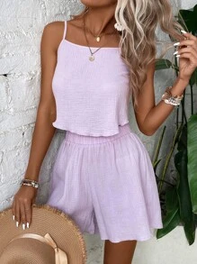 SHEIN VCAY 素色吊帶上衣和闊腿短褲 - 紫丁香色 - 查看 3