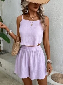 SHEIN VCAY 素色吊帶上衣和闊腿短褲 - 紫丁香色 - 查看 4