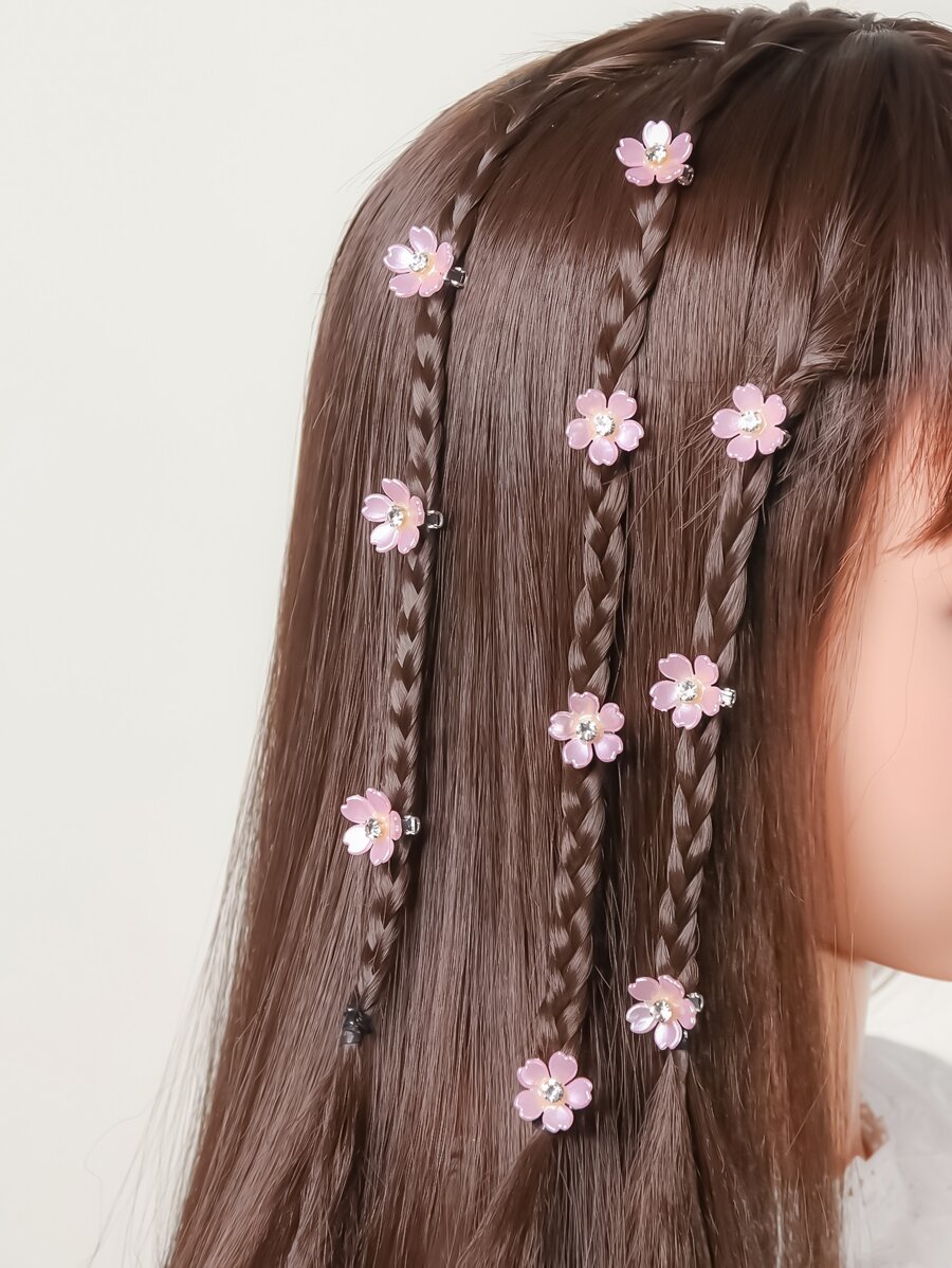 10 件裝女孩閃亮水鑽花朵髮帶和髮夾適合日常佩戴、派對、婚禮、伴娘或度假 - 粉色 - 查看 1