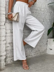 SHEIN LUNE Solid Wide Leg Trousers - White - View 1