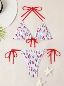 Swim Mod Summer Beach Cherry Print Bikini Set Smocked Halter Triangle Bra & Tie Side Bottom 2 Pieces Bikini - Red and White - View 3