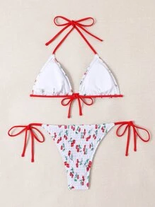 Swim Mod Summer Beach Cherry Print Bikini Set Smocked Halter Triangle Bra & Tie Side Bottom 2 Pieces Bikini - Red and White - View 4